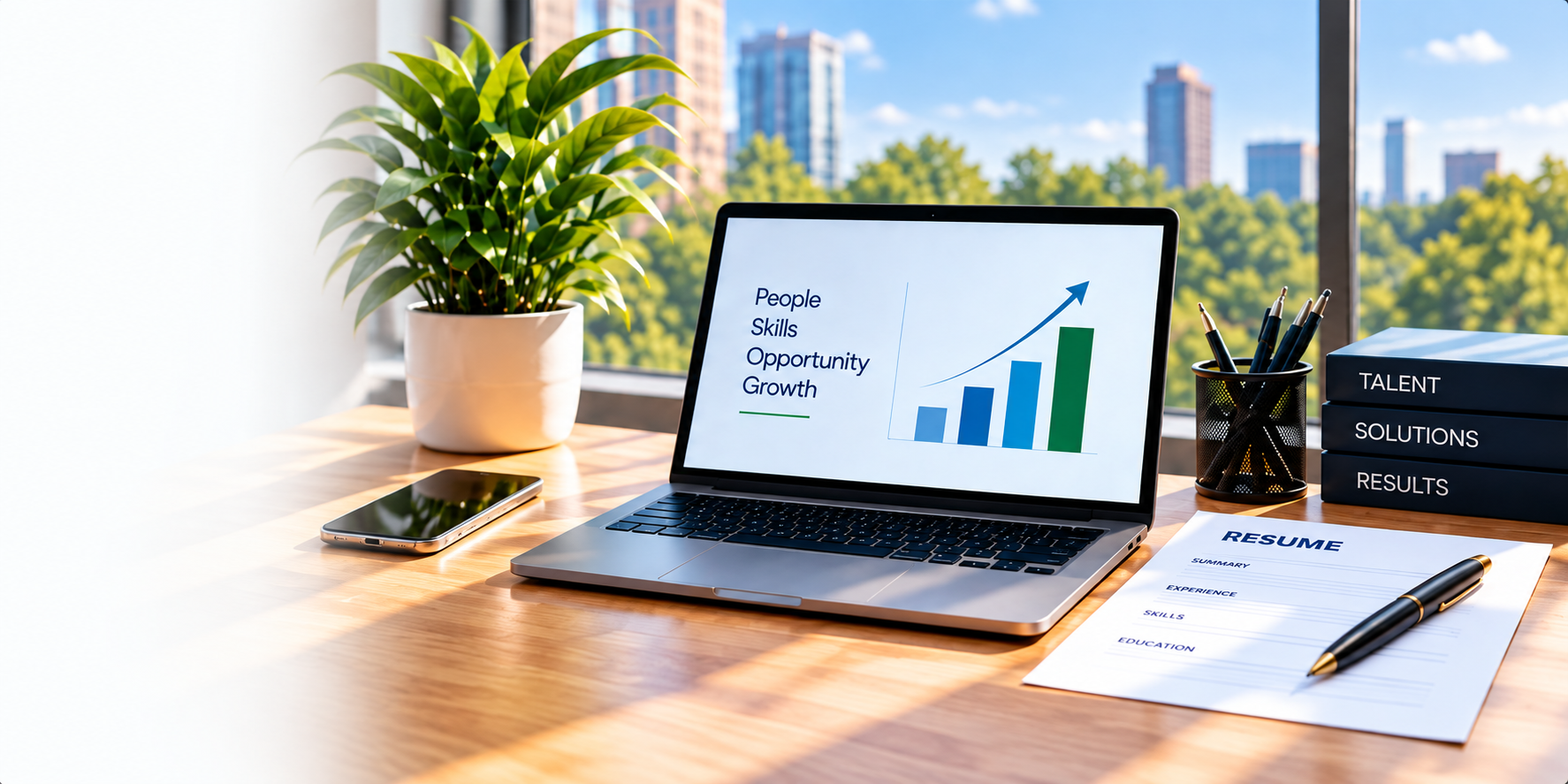 Professional recruiting workspace with laptop, resume, smartphone and office supplies